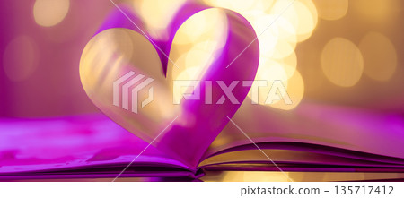 Romantic vertical Valentines Day heart in purple and gold, folded book pages with soft bokeh blur, love lights background, luxury artistic holiday design Romantic vertical Valentines Day heart in purple and gold, folded book pages with soft bokeh blur, love lights background, luxury artistic holiday design 135717412