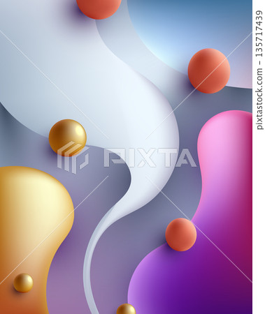 Abstract 3d background with fluid layers and floating spheres featuring gold and pink gradients for modern digital art and luxury brand presentation backdrop 135717439
