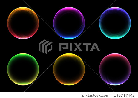 Glowing neon abstract circles set with wavy lines and futuristic gradients on black background for high tech digital design elements 135717442