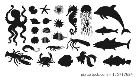 Underwater Marine Life Silhouette Hand Drawn Shadow Set Seashells Ocean Retro Nautical Illustration Underwater Marine Life Silhouette Hand Drawn Shadow Set Seashells Ocean Retro Nautical Illustration 135717624