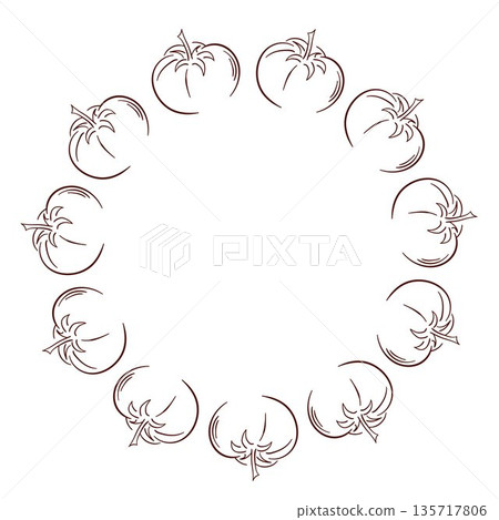 Wreath with Tomato in line art style isolated on white background. Design for grocery store packaging. 135717806