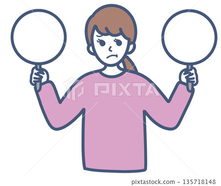 Illustration material of a woman holding a two-choice card Illustration material of a woman holding a two-choice card 135718148