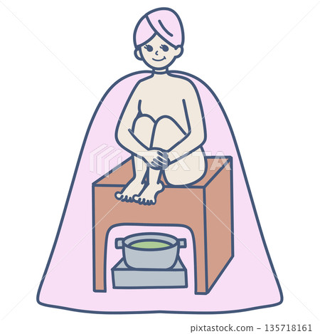 插畫素材：一位女子坐在地板上，面前是冒著熱氣的艾草。 135718161