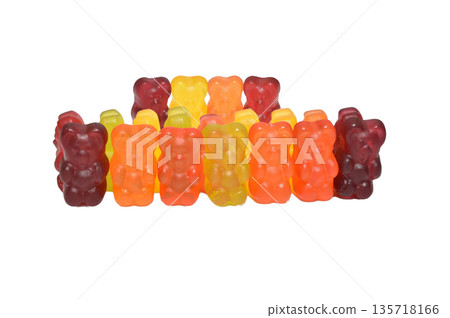 Chewing gummies of different colors and flavors, bear-shaped. 135718166