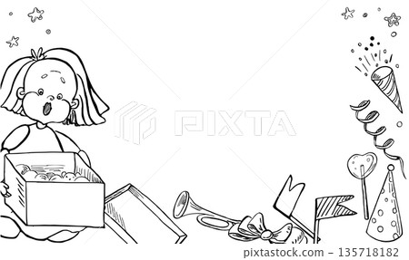 A rectangular frame with a surprised girl holding a gift box. Vector illustration for birthday invitations, children's book designs, and nursery interiors. A rectangular frame with a surprised girl holding a gift box. Vector illustration for birthday invitations, children's book designs, and nursery interiors. 135718182