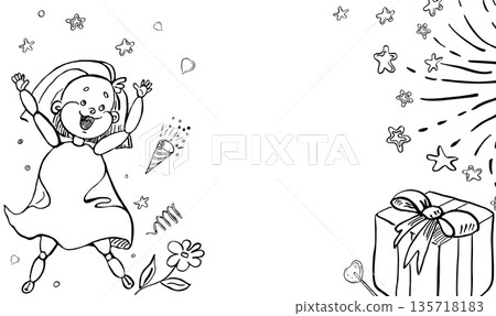 A rectangular frame with a joyful jumping girl, fireworks, stars, and a gift box. Vector illustration for birthday invitations, children's book designs, and nursery decor. A rectangular frame with a joyful jumping girl, fireworks, stars, and a gift box. Vector illustration for birthday invitations, children's book designs, and nursery decor. 135718183