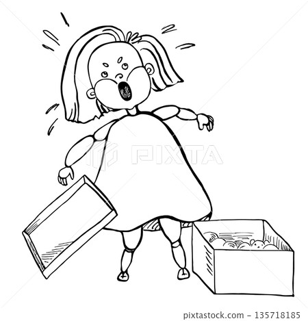 Angry girl over an open gift box. Vector illustration for greeting card design, holiday posters, and children's interior design. 135718185