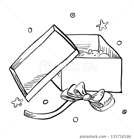 An open gift box with a bow and stars. Vector illustration for greeting card design, holiday posters, and children's interior design. 135718186