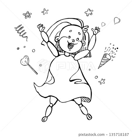 A happy girl surrounded by stars, a lollipop, a party popper, and streamers. Vector illustration for greeting card design, holiday event posters, and children's interior design. A happy girl surrounded by stars, a lollipop, a party popper, and streamers. Vector illustration for greeting card design, holiday event posters, and children's interior design. 135718187