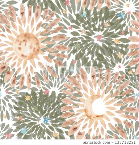 A seamless pattern with a stylized crescent moon and crescent. Watercolor illustration of plants on a dark background for interior design, printing on fabric, posters, and home textiles. A seamless pattern with a stylized crescent moon and crescent. Watercolor illustration of plants on a dark background for interior design, printing on fabric, posters, and home textiles. 135718251