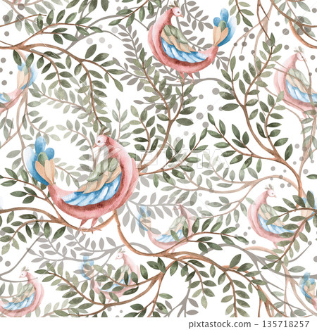 A seamless pattern with stylized birds and layered branches. Watercolor illustration of plants on a dark background for interior design, printing on fabric, posters, and home textiles. A seamless pattern with stylized birds and layered branches. Watercolor illustration of plants on a dark background for interior design, printing on fabric, posters, and home textiles. 135718257