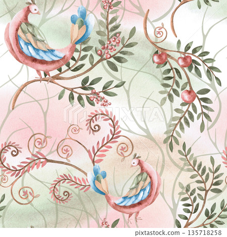 A seamless pattern with stylized birds and layered branches. Watercolor illustration of plants on a pink and green background for interior design, printing on fabric, posters, and home textiles. 135718258
