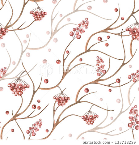 Delicate branches with berries in a seamless pattern. Watercolor illustration of plants on a pink and green background for interior design, printing on fabric, posters, and home textiles. 135718259