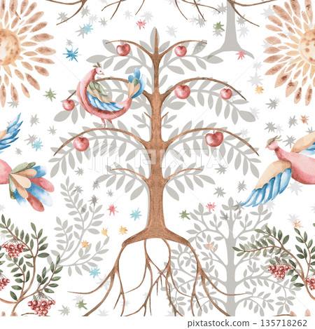 A seamless pattern with stylized fairytale birds, suns, and trees. Watercolor illustration for interior design, printing on fabric, posters, and home textiles. 135718262