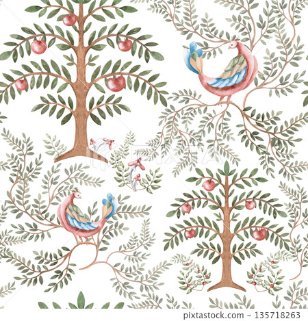 A seamless pattern with stylized fairytale birds and trees. Watercolor illustration for interior design, printing on fabric, posters, and home textiles. 135718263