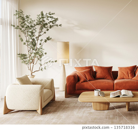 Modern Scandinavian living space with a plush terracotta couch and elegant home accents. 3d render 135718316