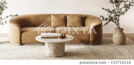 Scandinavian corner with golden velvet sofa and organic elements for a serene space. 3d render 135718318