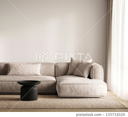 Modern minimalist living room featuring neutral tones complemented by elegant decor and design, 3d rendering 135718320