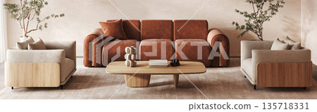 Scandinavian living room with velvet terracotta sofa and modern wooden furniture. 3d render 135718331