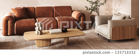 Scandinavian living room with velvet terracotta sofa and modern wooden furniture. 3d render 135718332