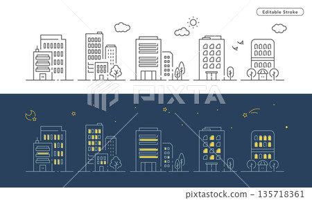 城市景觀向量線條圖示插圖，包含摩天大樓、辦公大樓、復古飯店等。 135718361