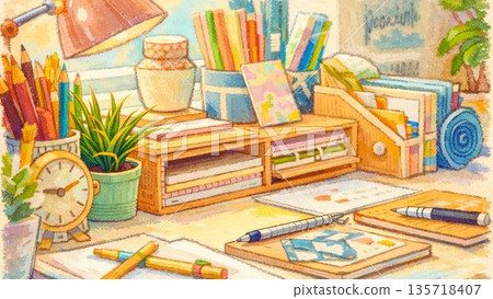 Crayon-drawn illustration of a fancy work desk 135718407