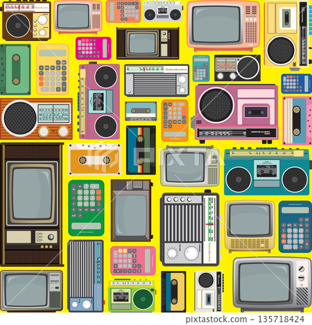Colorful retro calculators, televisions, tape, cassette players and radio flat design vector illustration on yellow background. 135718424