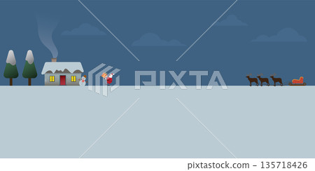 Santa clause bring gift to kid's home located at snowland in Christmas night vector illustration have blank space for any wording or advertisement. 135718426