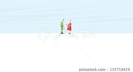 Grandmother dress up as Santa Clause give a gift to grandfather who dress up as Elf with minimal snowland background vector illustration. Merry Christmas and Happy New Year greeting card for elder Grandmother dress up as Santa Clause give a gift to grandfather who dress up as Elf with minimal snowland background vector illustration. Merry Christmas and Happy New Year greeting card for elder 135718429