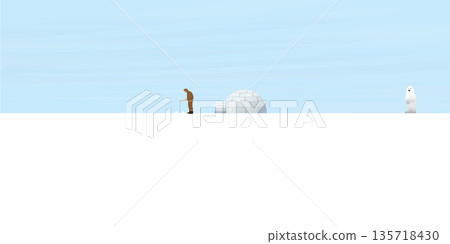 Eskimo fishing in front of igloo in snowland have polar bear looking from faraway flat design vector illustration. Eskimo fishing in front of igloo in snowland have polar bear looking from faraway flat design vector illustration. 135718430
