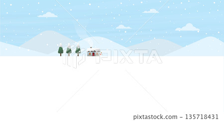 Log cabin, snowman and pines forest have snowfall in snowland flat design vector illustration with blank space. Rural landscape, house and pine trees in winter season. 135718431