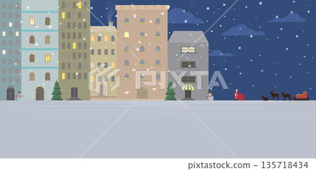 Santa Clause start working in christmas night at downtown of snowland vector illustration. Merry Christmas and Happy New Year greeting card template have blank space. Santa Clause start working in christmas night at downtown of snowland vector illustration. Merry Christmas and Happy New Year greeting card template have blank space. 135718434