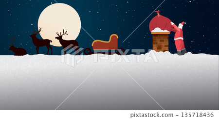 Santa Clause try to push his gift bag into brick chimney at the roof which cover by snow vector illustration. Merry Christmas and Happy New Year greeting card template have blank space. Santa Clause try to push his gift bag into brick chimney at the roof which cover by snow vector illustration. Merry Christmas and Happy New Year greeting card template have blank space. 135718436