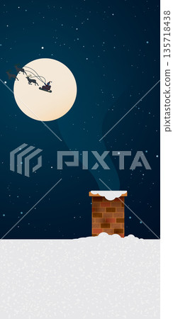 Brick chimney and smoke on the roof which cover by snow in christmas night have Santa Clause's sleigh flying through fullmoon background vertical vector illustration. Merry Christmas and Happy New Brick chimney and smoke on the roof which cover by snow in christmas night have Santa Clause's sleigh flying through fullmoon background vertical vector illustration. Merry Christmas and Happy New 135718438