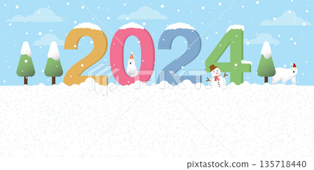 Snowscape with 2024 alphabet flat design vector illustration. Merry Christmas and Happy New Year greeting card template have blank space. Snowscape with 2024 alphabet flat design vector illustration. Merry Christmas and Happy New Year greeting card template have blank space. 135718440