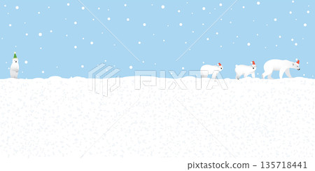 Polar Bear family wearing santa's hat except the last one wearing party hat walking in snowland flat design vector illustration. Merry Christmas and Happy New Year greeting card template have blank Polar Bear family wearing santa's hat except the last one wearing party hat walking in snowland flat design vector illustration. Merry Christmas and Happy New Year greeting card template have blank 135718441
