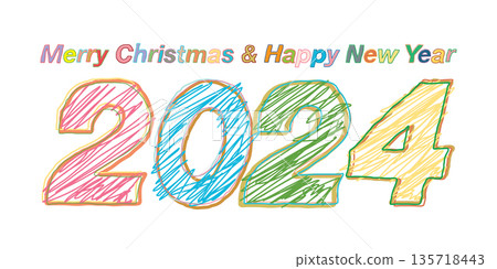 Merry Christmas and Happy New Year 2024 greeting card colorful doodle childish style vector illustration. Merry Christmas and Happy New Year 2024 greeting card colorful doodle childish style vector illustration. 135718443
