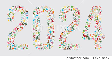 Christmas elements as 2024 on gray background flat design vector illustration. Merry Christmas and Happy New Year greeting card. 135718447