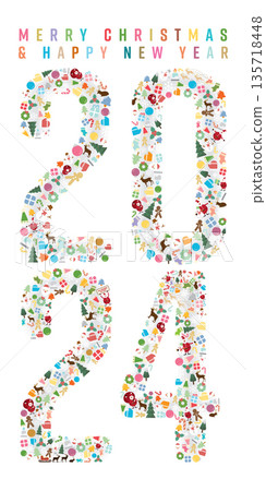 Christmas elements as 2024 on white background vertical shape flat design vector illustration. Merry Christmas and Happy New Year greeting card. Christmas elements as 2024 on white background vertical shape flat design vector illustration. Merry Christmas and Happy New Year greeting card. 135718448