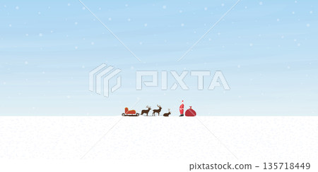 Santa Clause with his reindeers and sleigh before start working in Christmas day flat design vector illustration. Merry Christmas and Happy New Year greeting card. Santa Clause with his reindeers and sleigh before start working in Christmas day flat design vector illustration. Merry Christmas and Happy New Year greeting card. 135718449
