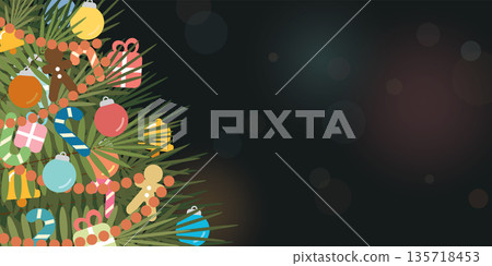 Decorated Christmas tree on blurred background flat design vector illustration. Merry Christmas and Happy New Year greeting card template have blank space. Decorated Christmas tree on blurred background flat design vector illustration. Merry Christmas and Happy New Year greeting card template have blank space. 135718453