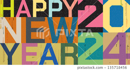 Colorful Happy New Year 2024 calligraphy retro style flat design vector illustration with risograph printing effect. 135718456