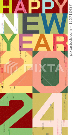 Colorful Happy New Year 2024 calligraphy retro style vertical flat design vector illustration with risograph printing effect. Colorful Happy New Year 2024 calligraphy retro style vertical flat design vector illustration with risograph printing effect. 135718457