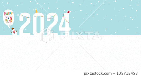 Snowscape with snowman say "Happy New Year" and decorated ice cubes 2024 flat design vector illustration have blankspace. Snowscape with snowman say "Happy New Year" and decorated ice cubes 2024 flat design vector illustration have blankspace. 135718458