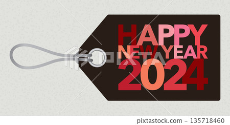 Colorful Happy New Year 2024 calligraphy on tag flat design vector illustration. 135718460