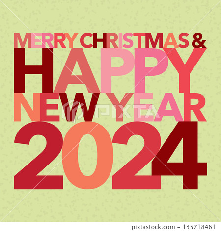 Colorful Merry Christmas and Happy New Year 2024 calligraphy on light green background flat design vector illustration. 135718461