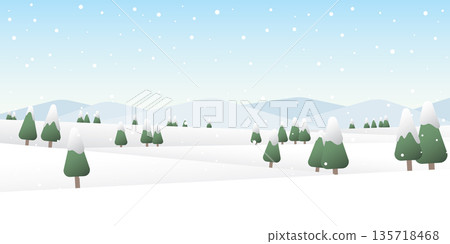 Winter mountains landscape with pines and hills vector illustration. Merry Christmas and Happy New Year greeting card template. Winter mountains landscape with pines and hills vector illustration. Merry Christmas and Happy New Year greeting card template. 135718468