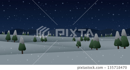 Winter mountains landscape with pines and hills at night vector illustration. Merry Christmas and Happy New Year greeting card template. 135718470
