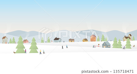 Winter landscape in snowland with people having fun in town vector illustration. Merry Christmas and Happy New Year greeting card template. 135718471
