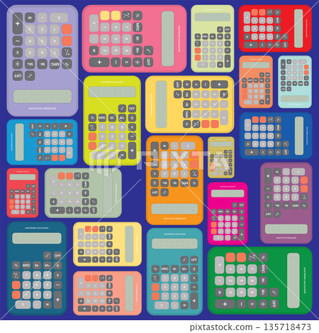 Colorful retro calculators flat design vector illustration on blue background. Colorful retro calculators flat design vector illustration on blue background. 135718473